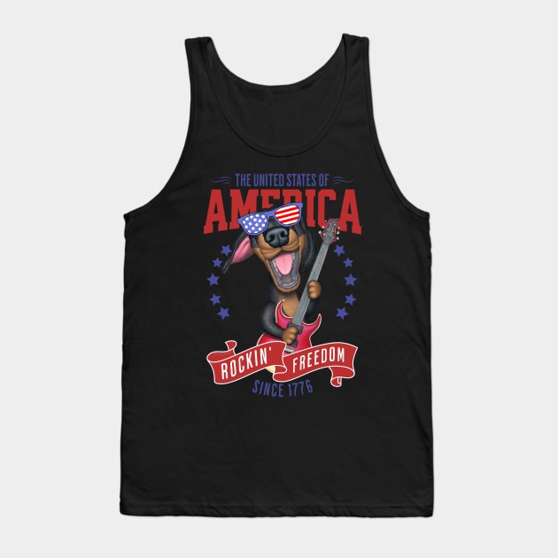 Cute and Funny Doxie Dachshund Dog with Red white and Blue sunglasses Fur Baby Rockin Freedom Tank Top by Danny Gordon Art